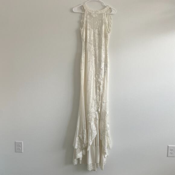 Lorre Bethke Wedding Dress Women M White High Neck Beaded Beach Side Slit - Picture 10 of 16